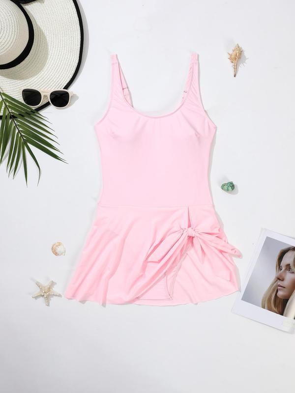 Christmas Gift Women's 2024 Solid Asymmetrical Ruched Knot Design Tank Swimsuit, Beach Adjustable Strap Sleeveless One-piece Swimwear for Beach Holiday Vacation, Chic Ladies Summer Clothes, Curve Swimwear UK 2