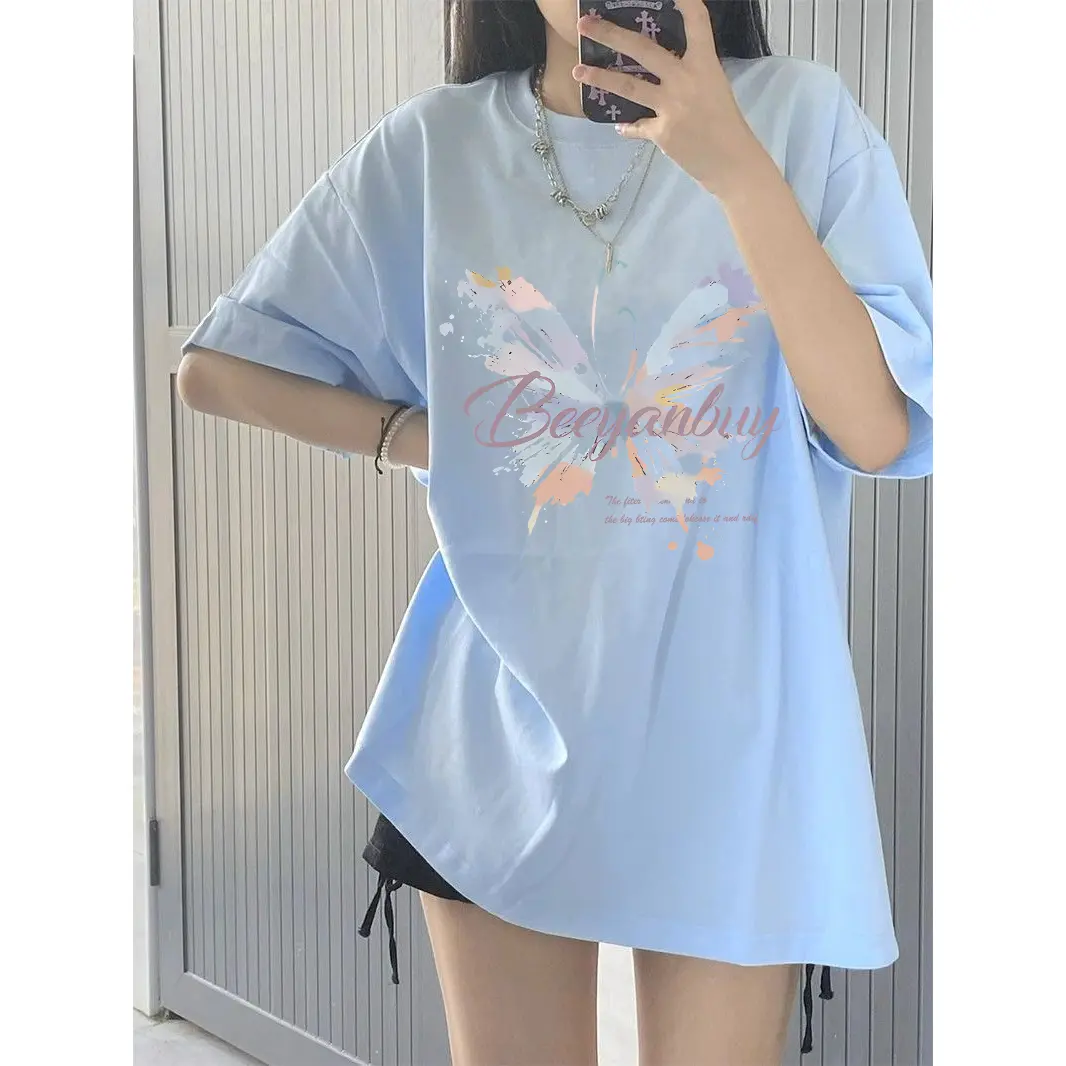 [Cod] Summer Butterfly Print Short-Sleeved T-shirt Women's Loose All-Matching Korean Style Tummy Hiding Lazy