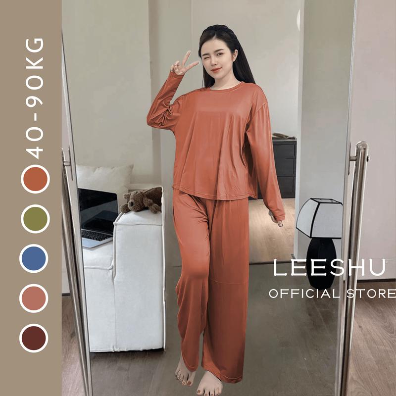 Bộ thun lạnh Bigsize nam nữ mặc nhà ủ kem áo tay dài quần ống suông rộng Leeshu chất vải thun lạnh cotton mềm mại