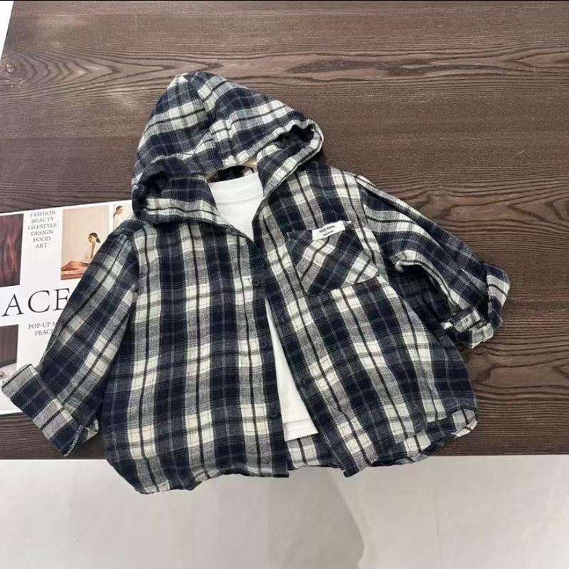 Áo Khoác Sơ Mi Có Mũ Trùm Đầu Cho Trẻ Em, Phong Cách Hàn Quốc, Kẻ Sọc, Thường Ngày, Áo Mùa Thu, Hợp Xu hướng, Xu Hướng 2024, Hàng Mới Về, Cho Bé Trai 3