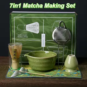 7in1 Alat Matcha Making Japanese Matcha Tea Sets Pengaduk Matcha Bambu Penyangga Whisk Bamboo Whisk Teaspoon Tea Sets Tea Making Tools Accessories