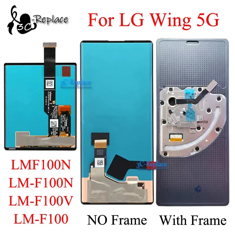 Màn hình LCD OLED, dành cho LG Wing 5G LMF100N, LMF100V, LM-F100N, LM-F100V, F100TMK, LM-F100, F100TMK, LMF100VM1, LMF100VM1, LMF100EMW, LMF100EMW, LMF100VMY, LMF100VMY, Bảng điều khiển cảm ứng màn hình, Lắp ráp bảng số hóa, với khung 0