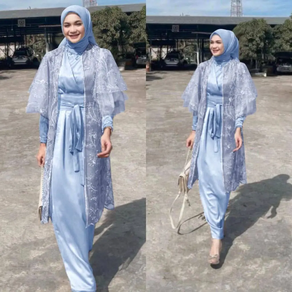 Maudy Satu Set inner Outer Dress Queenbee Fashion Muslim Wanita Gamis Kondangan Bridesmaid Wisuda Brokat Tile Motif