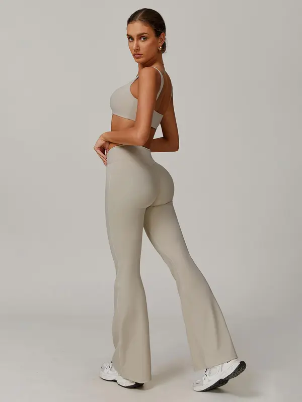 Women's Solid Backless  Crop Sports Bra & Flare Leg Pants Sports Set, Casual Comfy Breathable Two-piece Outfits for Yoga Gym Workout Running, Ladies Sportswear for All Seasons, Activewear, Athletic Tracksuit 3