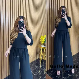 One Set Cringkle Wanita / Setelan Alica Set Crop Top Wanita Kekinian /Baju Setelan One Set Crinkle Wanita Polos Korean Style