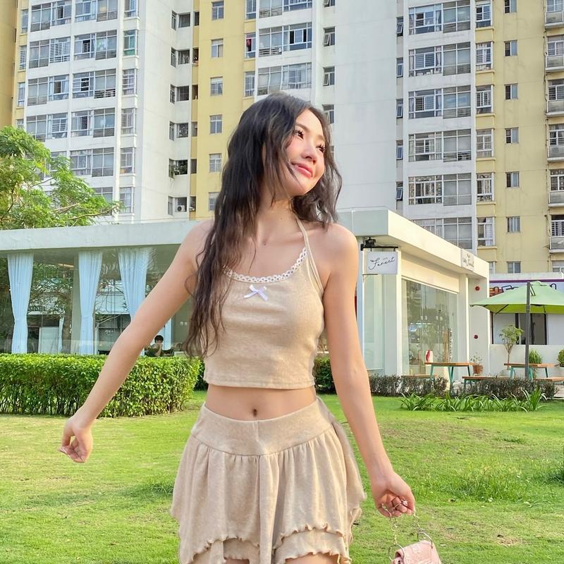 Set Áo Cột Đính Nơ Váy Cạp Trễ Y2K 2 Món Thun Gân Trơn Nữ Women 2
