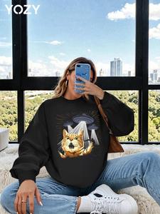 YOZY Women's Cat Print Drop Shoulder Sweatshirt, Casual Long Sleeve Round Neck Pullover for Fall & Winter, Ladies Clothes for Daily Wear