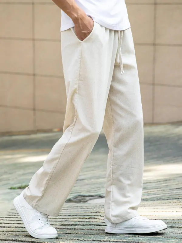 Men's Solid Linen Pants, Loose Casual Comfy Straight Leg Trousers for Spring & Fall, Men Bottoms for Daily Wear, Beige 3
