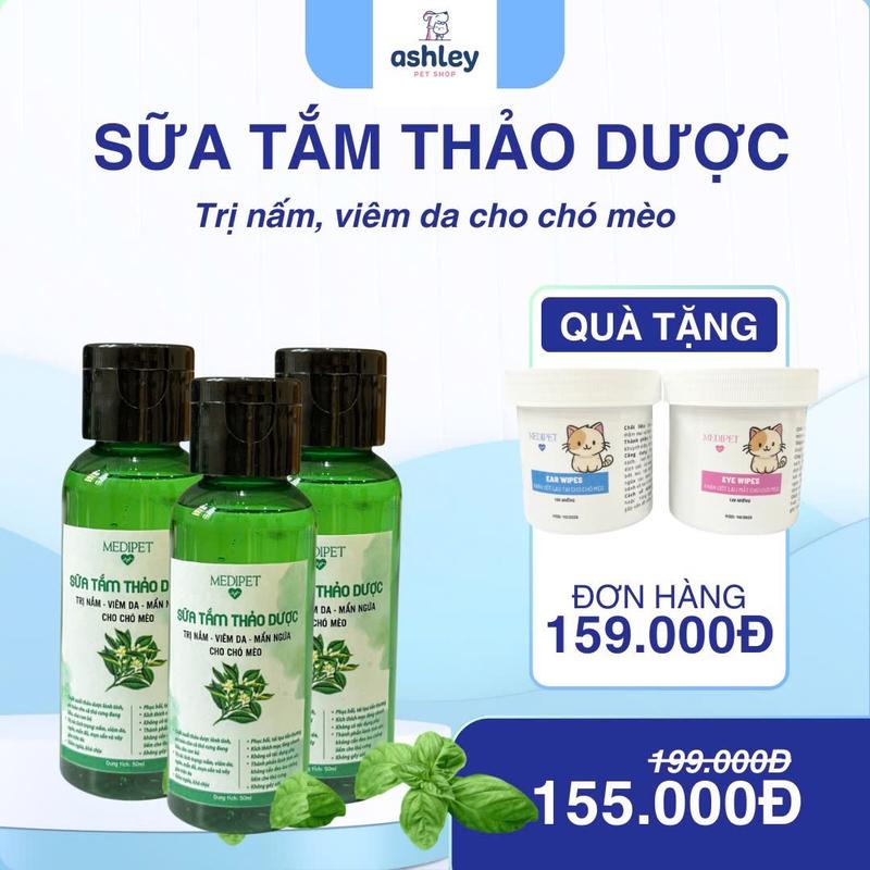 Sữa tắm chó mèo hết nấm thảo dược MEDIPET trị nấm, viêm da, mẩn ngứa cho chó mèo an toàn lành tính dầu gội cho mèo suat am thu cung
