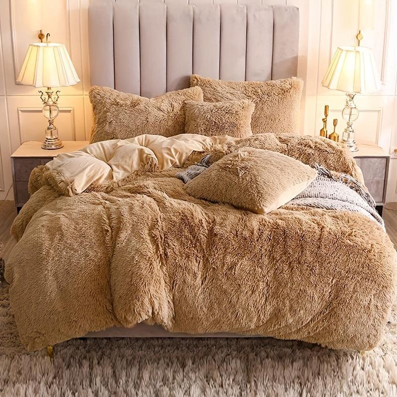 Solid Color Fluffy Duvet Cover Set, 3 Counts/set Soft Comfortable Duvet Cover & Pillowcase without Filler, Bedroom Accessories, Christmas Decor Warm Cozy Plush Bedding Set for Home Bedroom, Bedding Supplies, Christmas Gifts, Christmas Decorations 3