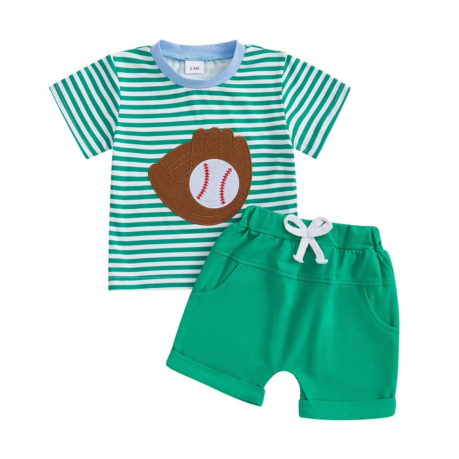 Toddler Boys Summer Outfits Stripe Baseball Embroidery Short Sleeve T-Shirts Elastic Waist Shorts 2Pcs Clothes Set