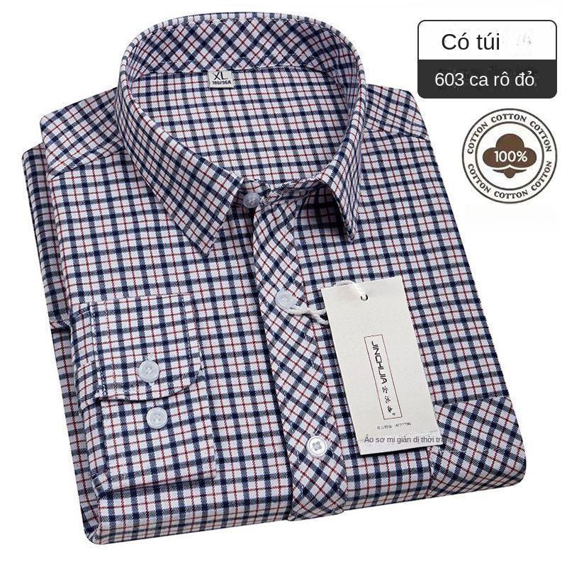 Áo Sơ Mi Kẻ Sọc Dài Tay Cotton Nguyên Chất, Dành Cho Nam Trung Người Già Và Cao Tuổi, Phong Cách Đi Chơi Không Sắt, Dáng Rộng Vừa Vặn, Áo Sơ Mi Kẻ Sọc Bố Có Túi,Nam tính