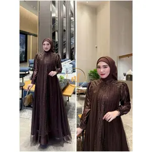 LEYA Dress Tille Mix Brukat Full Puring Aplikasi Renda Gamis Kondangan Wanita Remaja Terbaru 2025 Grey Mewah Ceruty Dewasa Ibu Lebaran