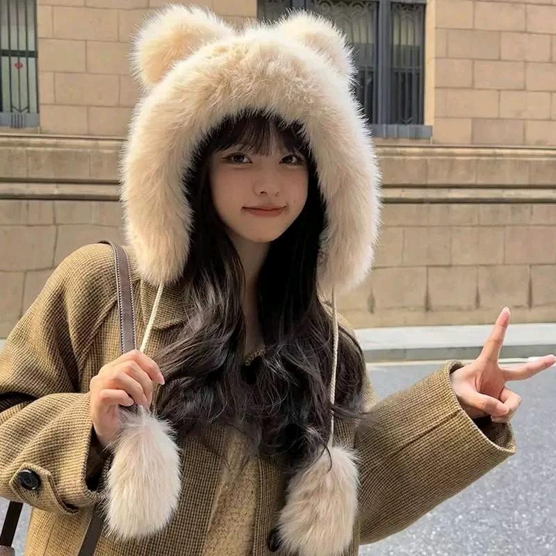 MLT79 Mũ Lông Dày Dặn Tai Gấu Tròn To Giữ Ấm Chống Gió Mùa Đông Cho Nữ