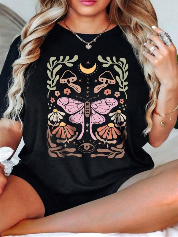 Plus Butterfly & Mushroom Print Drop Shoulder Tee, Fashion Casual Round Neck Half Sleeve T-shirt for Daily Outdoor Wear, Women Plus Clothing for Summer 0