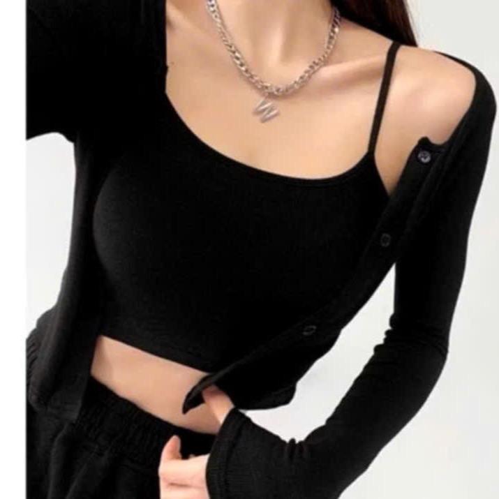 Sét Áo Hai Dây + Áo Khoác Cardigan Dáng Croptop Chất thun gân mềm mịn 1