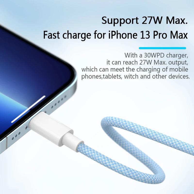 Cáp USB PD 20W, 4 màu có sẵn, Tương thích với iPhone 14, 13, 12, Pro Max, 11 và iPad mini, Sạc nhanh Type C, Cáp dữ liệu USB C, Có sẵn trong 1m và 2m chiều dài 1