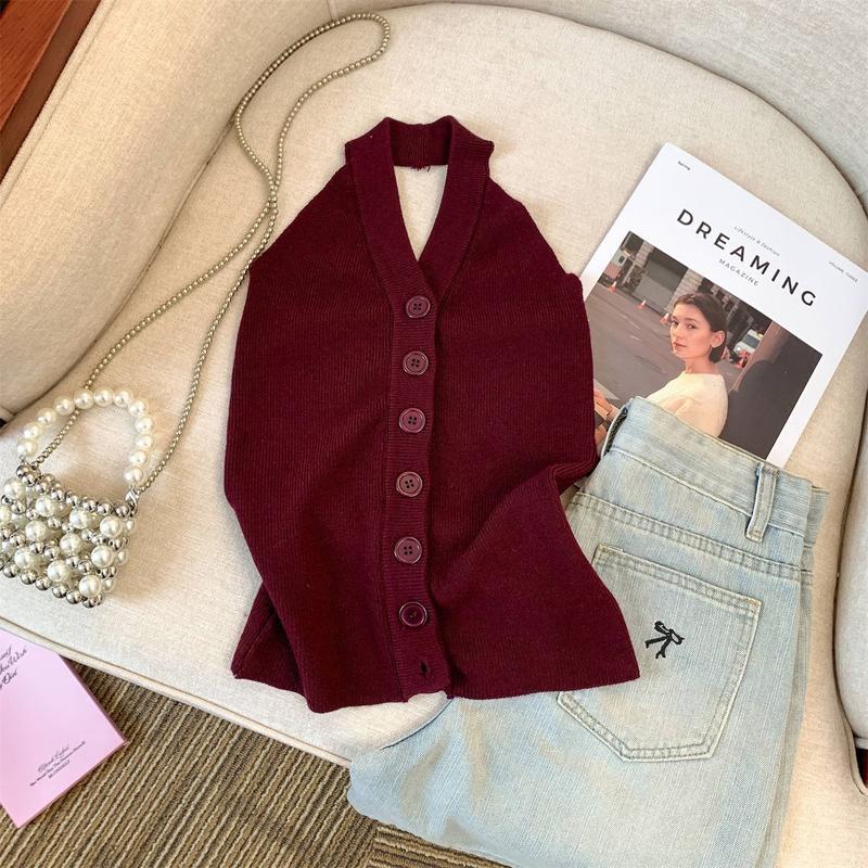Áo Vest Dệt Kim Cổ Yếm Không Tay Bằng Lụa Lạnh Phong Cách Hàn Quốc Dây Đeo Mỏng Mùa Hè Có Thể Mặc Ngoài Trời Hở Lưng Áo Ngắn Gợi Cảm Cô Gái Nóng Bỏng