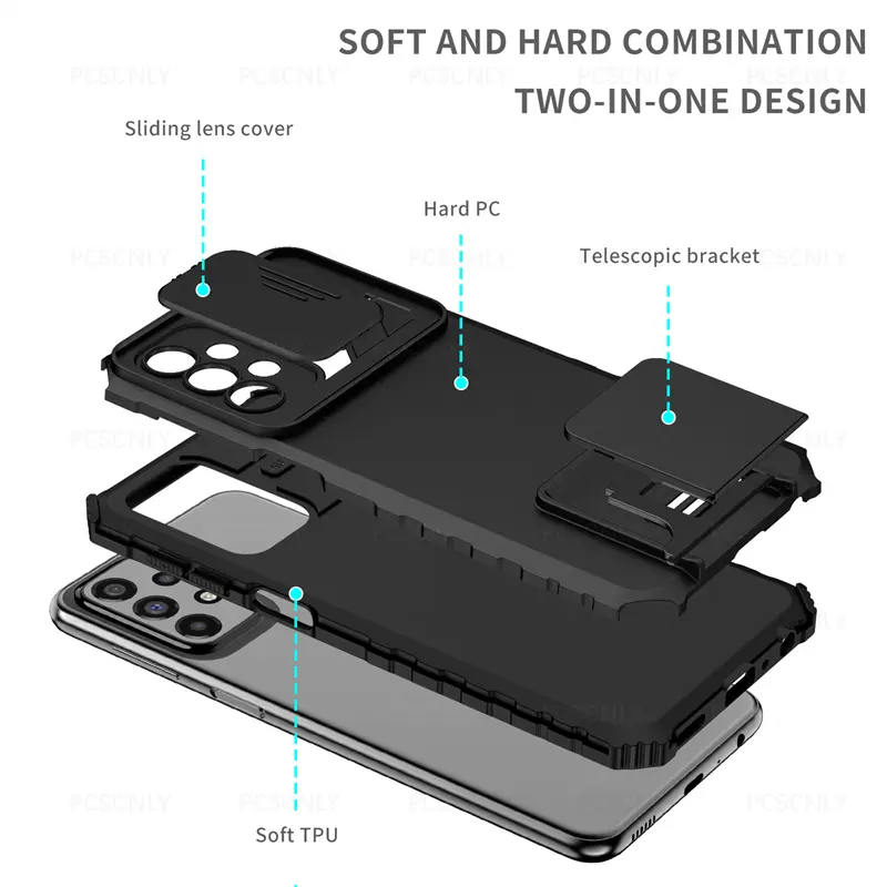Vỏ chống sốc cho Samsung A23, A53, A73, A32, A52, A52S, A72, A33, giá đỡ điện thoại, bảo vệ máy ảnh đa chức năng, nắp lưng cứng, thiết kế mới 5