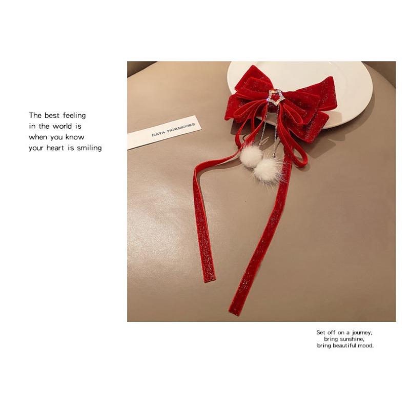 Product Introduction of Baby Costume Jewelry New Year's celebration red big bow gold velvet star hair clip hair accessory hair ball tassel headband top clip women autumn and winter 6
