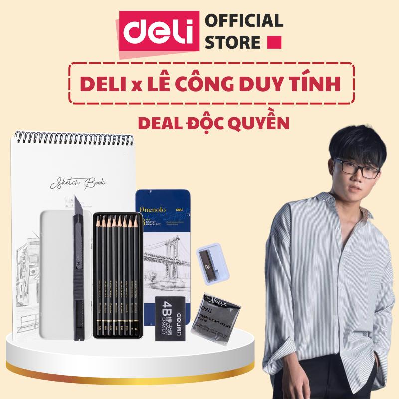 [DELI x LÊ CÔNG DUY TÍNH] Combo Nhập môn vẽ phác thảo Deli - Gồm: Sổ phác thảo A4, Set bút chì phác thảo chuyên nghiệp, tẩy đất set, tẩy 4B, gọt chì, dao rọc giấy