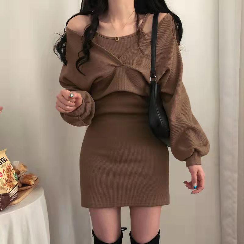 Product Introduction of 2024 Autumn and Winter New French Style Temperament Suspender Skirt + Blouse T-shirt Long Sleeve Suit Female Slim Solid Color Dress Hot Sale 37