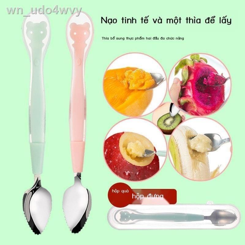   CÓ HỘP   Thìa muỗng nạo nhỏ hoa quả trái cây cho bé ăn dặm 2 đầu silicon và inox 304_shopmegold1989 
