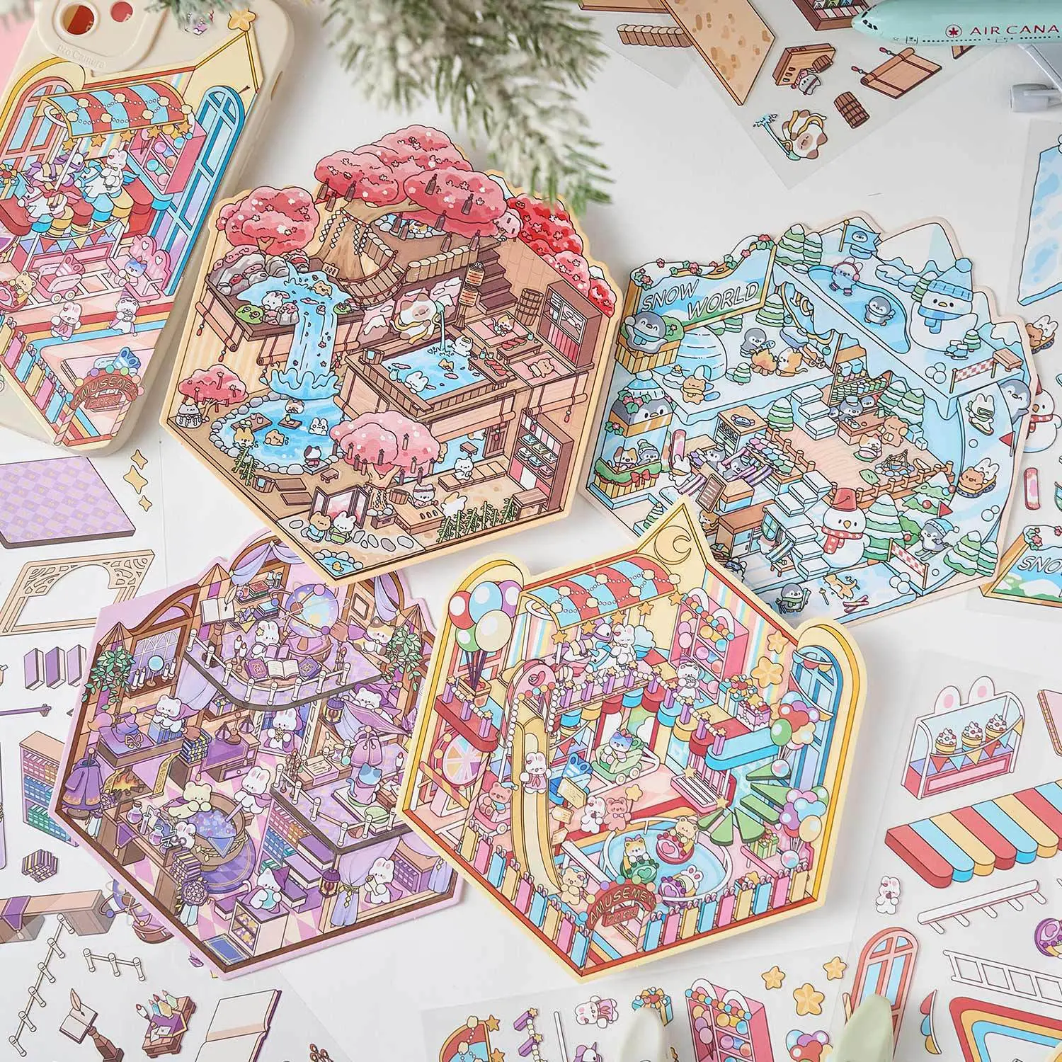 Morning Foam 2.5D Scene Stickers Magic Party Cute Miniature Stacking House Student DIY Stickers 4 Styles