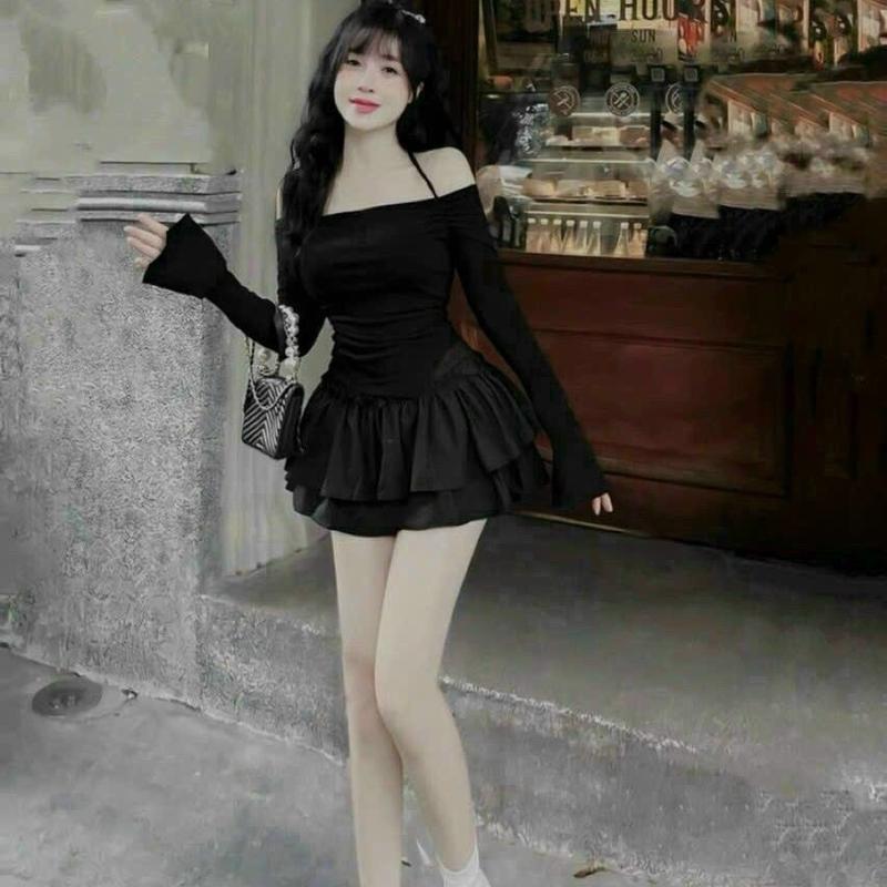 Set áo bẹt trễ vai bozip đeo yếm cổ tay dài nhọn tà kèm váy voan mềm đẹp tôn dáng Voi Women Nữ Thun