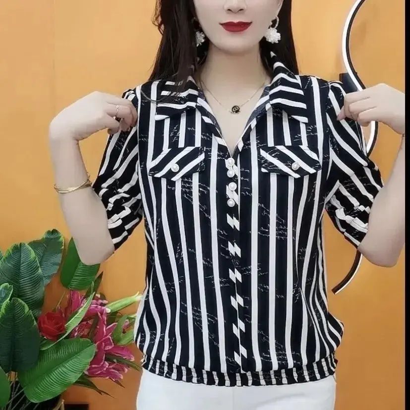Áo Sơ Mi Phong Cách Phương Tây ngắn Tay Dáng Rộng Vừa Vặn, Thời Trang, Dễ Phối Đồ, Mỏng, Cao Cấp, Sọc, Hàng Mới Về Mùa Hè 2024