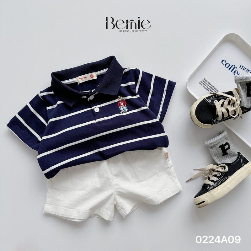 Bộ tay ngắn bộ polo sọc kèm quần short trắng cho bé trai phong cách Hàn quốc size 1 tới 7 tuổi BERNIE Cotton Kaki