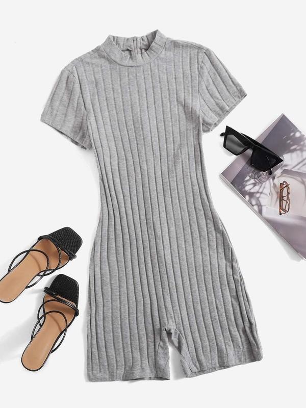 Summer Clothes Women's Plain Zipper Back Mock Neck Romper, Mean Girls Outfit, Minimalist Casual Short Sleeve Ribbed Romper for Summer, Womenswear, Lady Clothes for Daily Wear, Summer Clothes 3