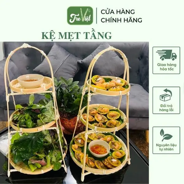 Mẹt tre tầng đựng đồ ăn trang trí - Kệ mẹt 3 tầng đựng buffet | Tre Việt kệ  tre