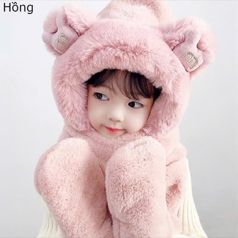 Mũ trùm đầu, mũ len kèm khăn choàng cổ và găng tay hình tai gấu đáng yêu cho bé trơn ếch nâu 0