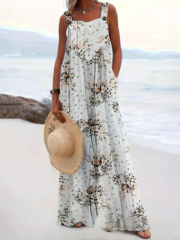 【Plus Size】 All Over Floral Print Button Design Overall Jumpsuit, Casual Boho Sleeveless Wide Leg Jumpsuit for Beach Holiday Vacation, Women's Clothes for Summer, Bohemian Womenswear 4