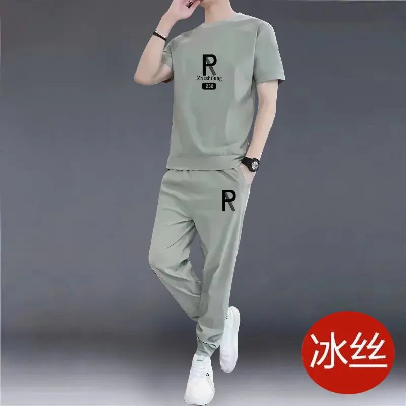 Bộ Đồ Quần Áo Thể Thao Thường Ngày Dành Cho Nam Giới, Mùa Hè Mỏng, Áo Phông Ngắn Tay Áo, Thời Trang, Phù Hợp, Chất Liệu Lụa Lạnh Hợp Xu hướng Nhanh Khô, Bộ Đồ Hai Mảnh