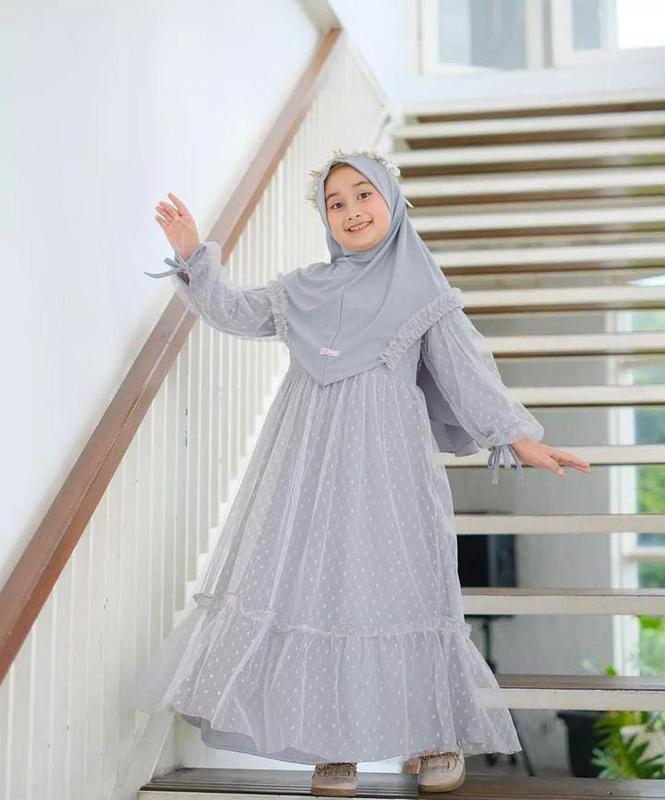 Gamis Set Hijab Anak Terbaru Fashionable 10-15 Tahun Shakila Full Tilledot 3