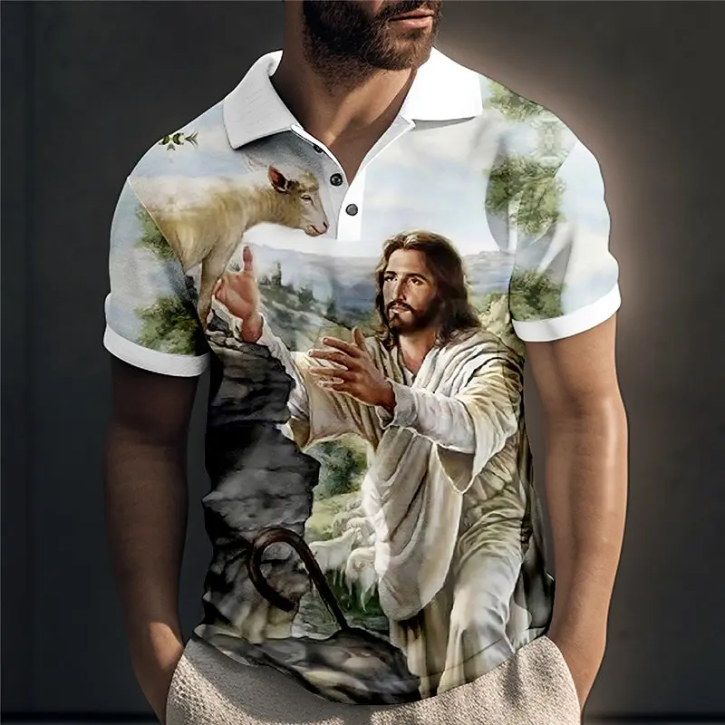 Áo Polo Nam, Phong Cách Cổ Điển In Hình Chúa Jesus, ngắn Tay, Cài Nút, Áo Phông, Ngoại Cỡ, Thích Hợp Cho Golf Và Thể Thao, Quần Áo Nam Thường Ngày Xu Hướng 2024 Menswear Shirt áo  polo jsol  áo