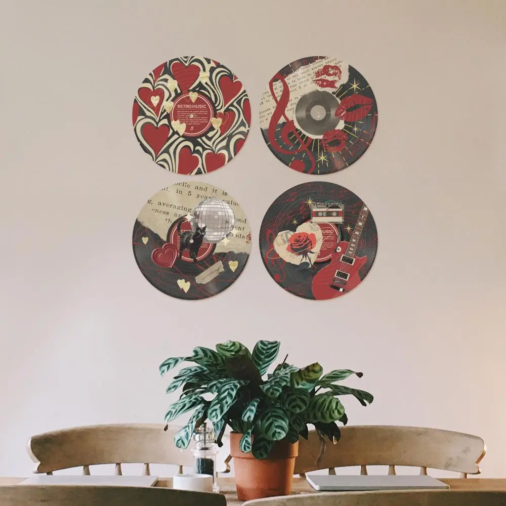 Vintage Music Themed Vinyl Record, 4 Counts/set Romantic Vinyl Record with Heart & Guitar & Rose & Cassette Element, Wall Aesthetic Decor for Home