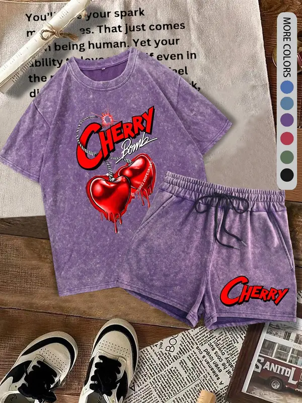 Two-piece Set Women's Cherry Print Tee & Shorts, Casual Round Neck Short Sleeve T-shirt & Shorts, Ladies Summer Clothes for Daily Wear, Suits, Womenswear 2