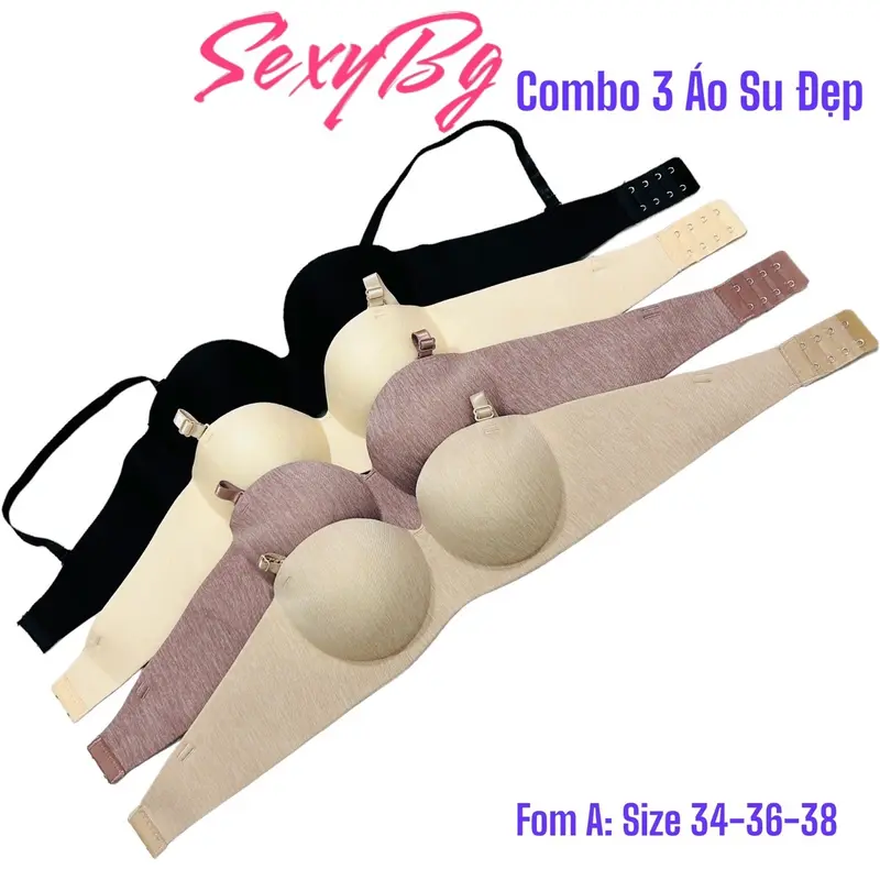 Combo 3 Áo Lót Nữ Su Nhung Vân Xước Thái Sang Trọng Cup Ngang Đệm 2 Phân Bra Nữ Kem Voi Voan 2