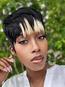Short Layered Pixie Cut Wig with Bangs, Fashion Human Hair Wigs for Women, Gorgeous Fluffy Wigs for Daily & Cosplay & Costume Party