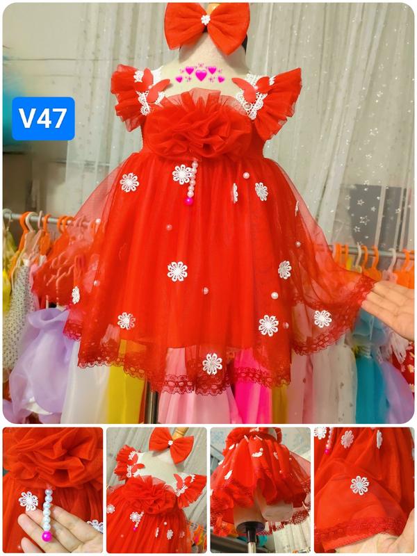 V47 Váy công chúa màu đỏ phối viền xinh cho bé gái