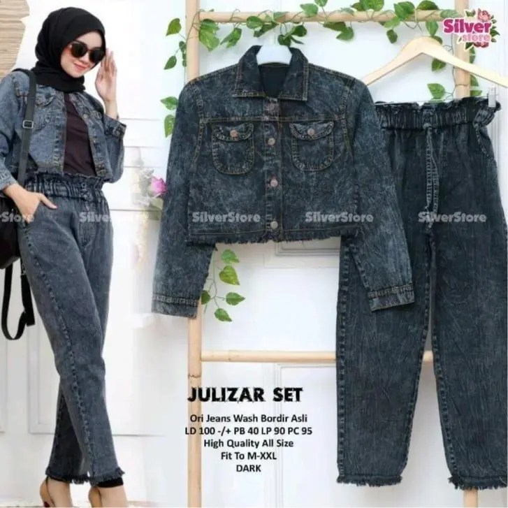 Setelan Julizar Baju Wanita  Variasi (XL, XXL, XXXL) Baggy Celana Crop Jaket Jeans Karet Nyaman 3
