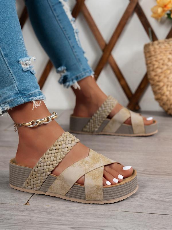 Women's Fashionable Plain Color Wide Band Platform Sandals, Casual Versatile Crossed Straps Sandals for Summer, Lightweight Breathable Comfortable Barefoot Shoes for Daily Wear, Girl 8