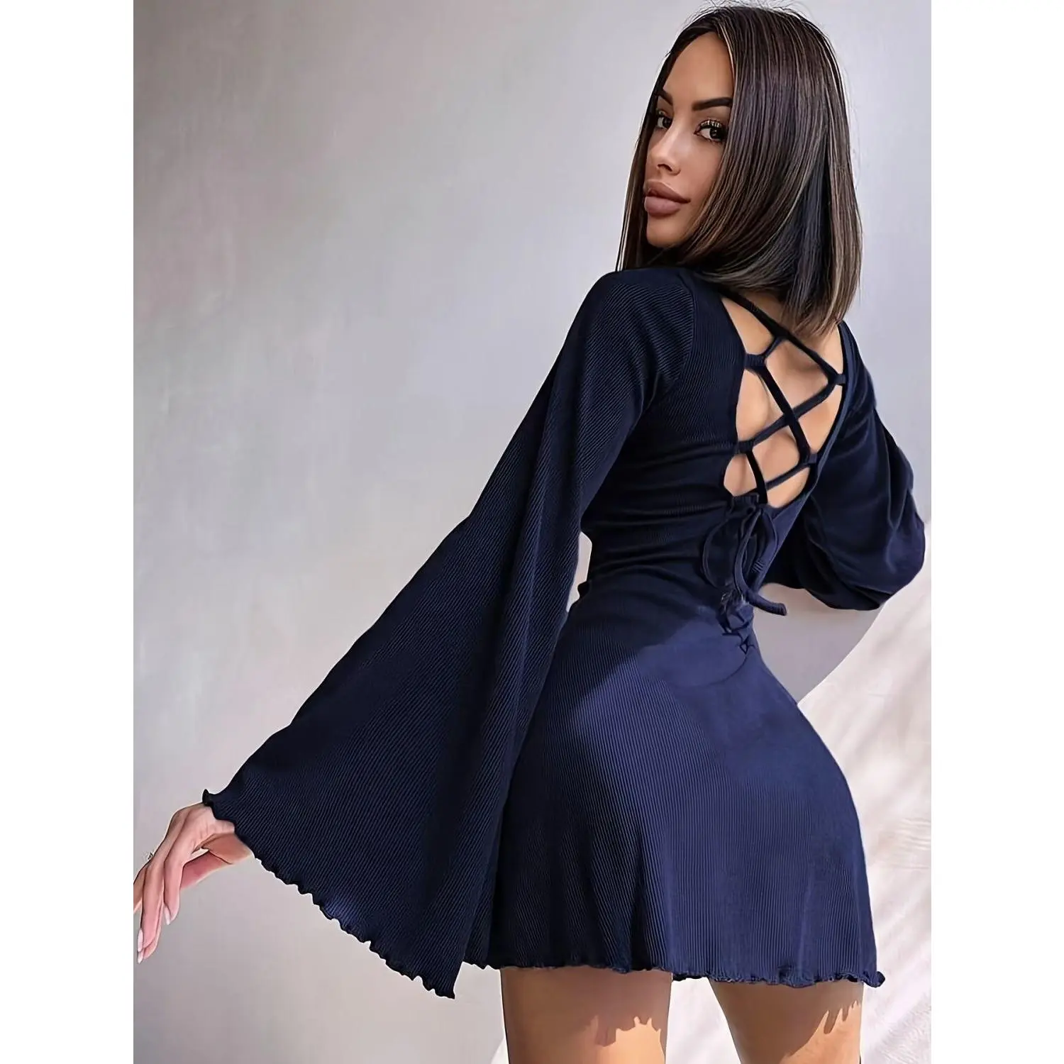 COD] Casual Elegant Office Round Neck Long Sleeve Backless Sexy Flared Sleeve  Dress outfits plus size chubby dusty blue semi formal clubbing women attire  navy graduation button stripe
