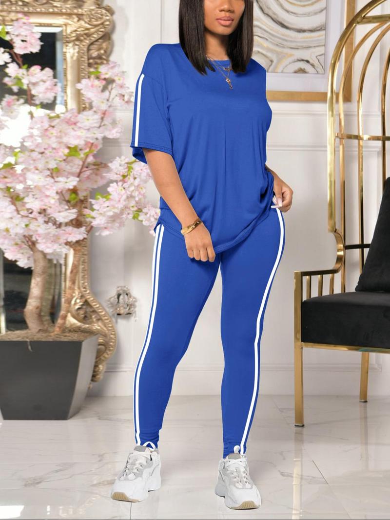 Product Introduction of Two-Piece Set Women's Side Stripe Tee & Pants Set, Casual Round Neck Half Sleeve T-shirt & Trousers, Women's Spring & Fall Clothes 1