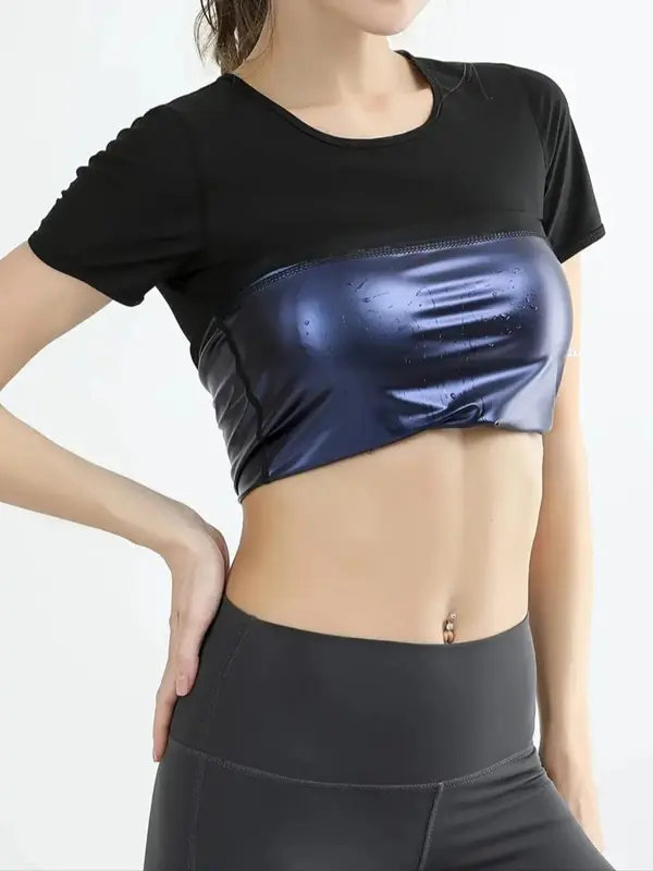 Women's Solid Round Neck Sauna Top, Summer Casual Comfortable Shaped Sports Tee for Exercise Yoga Workout Gym Top, Ladies Sportswear for Indoor Outdoor Wear 7