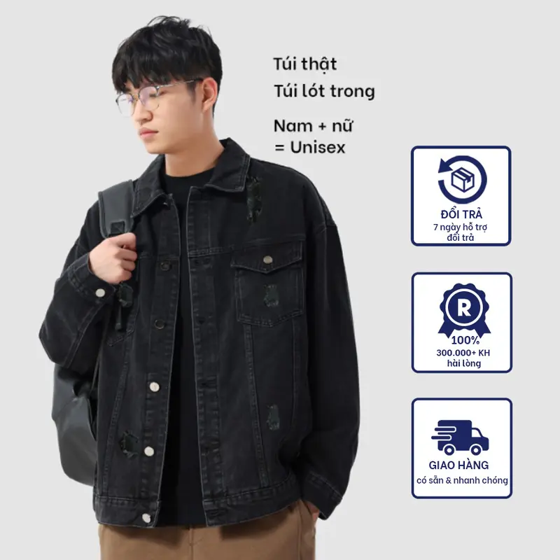Áo khoác JEANS nam nữ màu Đen kiểu IN chữ AJ007, vải Denim dày co dãn không ra Màu Menswear Jacket Có Túi Có Cổ 7