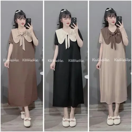 VH 002 VÁY BẦU LICI, đầm bầu thiết kế cộc tay chất THUN TĂM nơ to, váy cho bà bầu có nơ trước ngực đủ màu đen, nâu Dài Tay